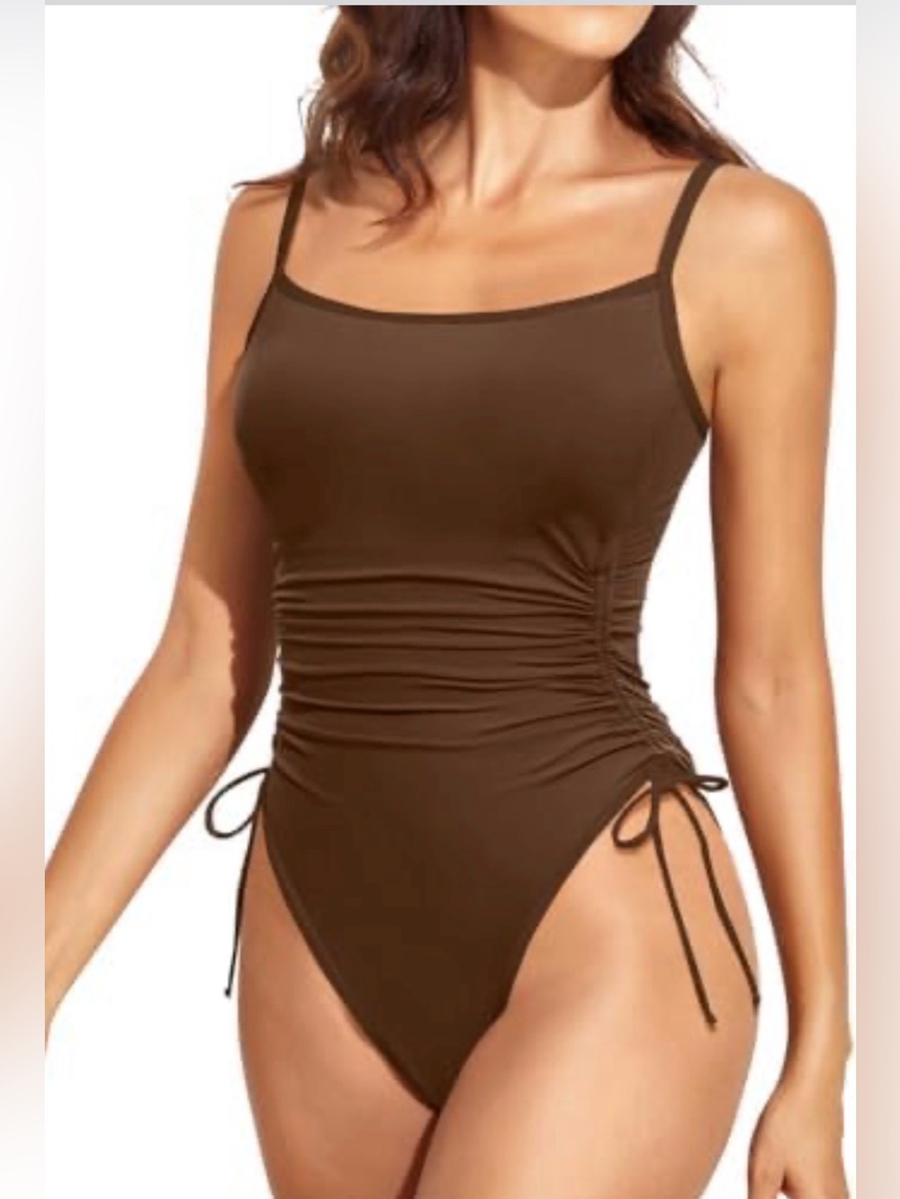 Daci Women's High Cut One Piece Swimsuit - Ruched Tummy Control Large Brown
